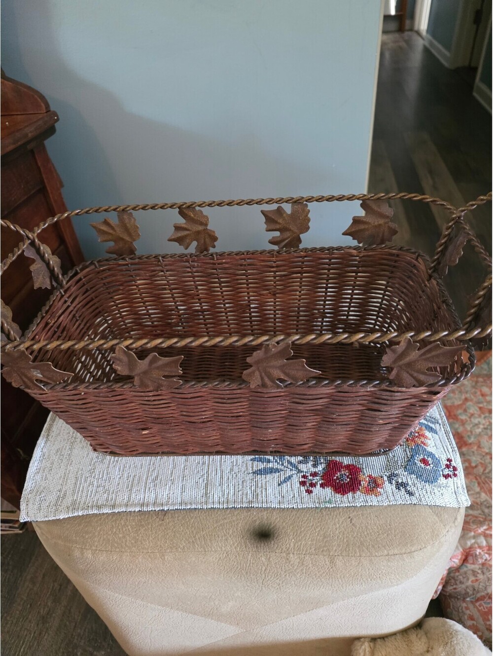 Wicker Basket with Decorative metal Leaf Accents and Handles